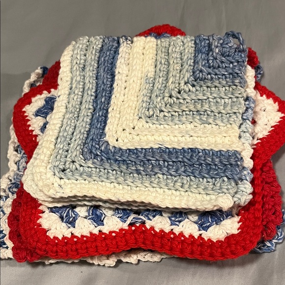 Handmade Crochet Knitted Pot Holders Set of 7 Seven Red, Blue, White - Picture 8 of 8